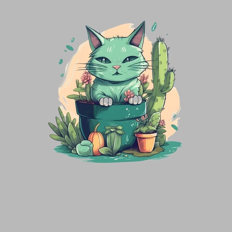 Chat vert en pot de fleurs avec cactus et citrouille