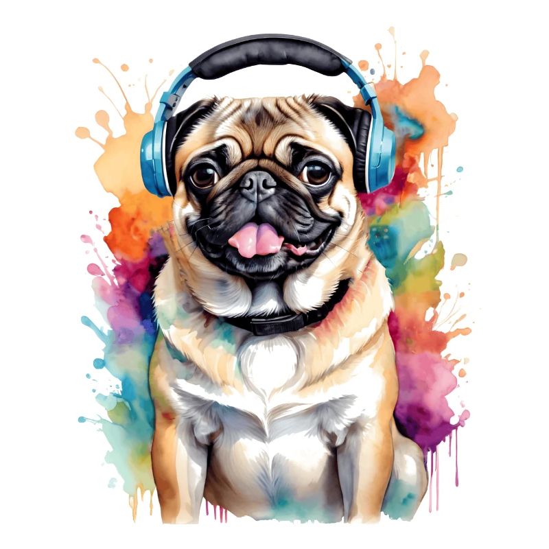 Mops Kopfhörer Hund Bunt Lustig Tier Design Print
