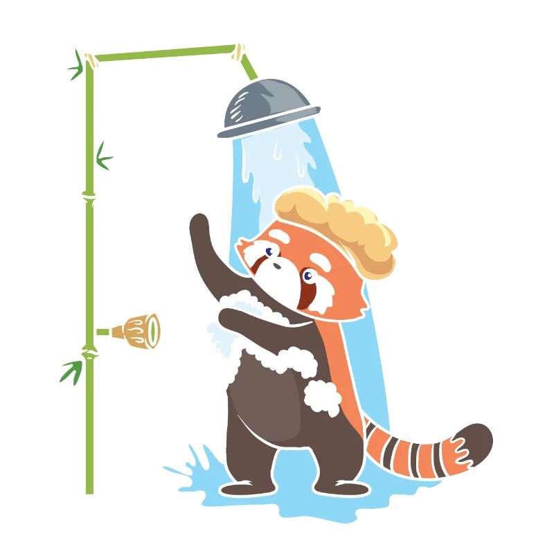 Ein roter Panda duscht.