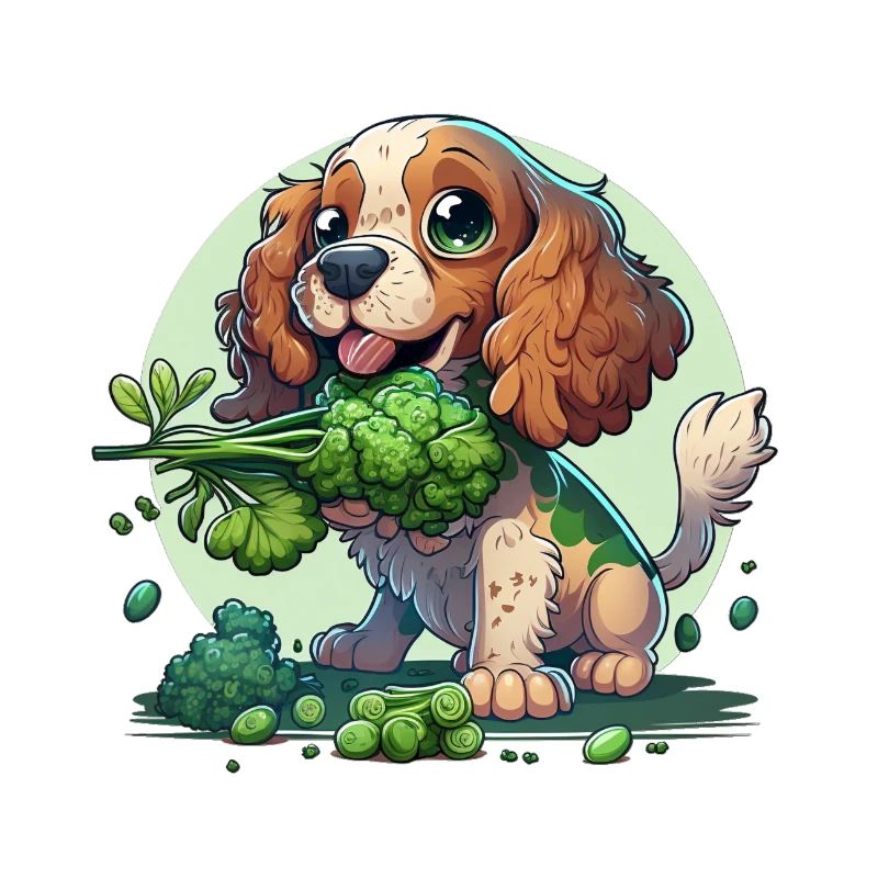 Cute dog eats broccoli vegetables
