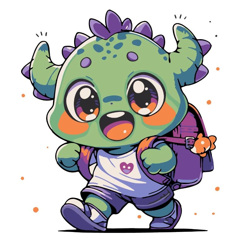 Monstre enfant mignon vert avec sac à dos