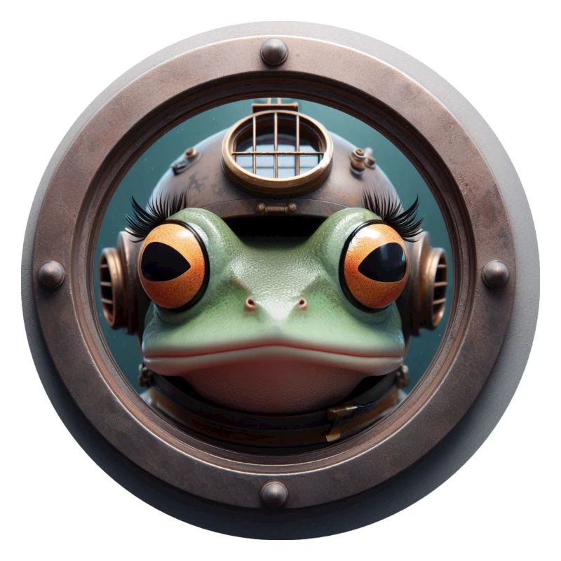 Frog with diving helmet looking through porthole
