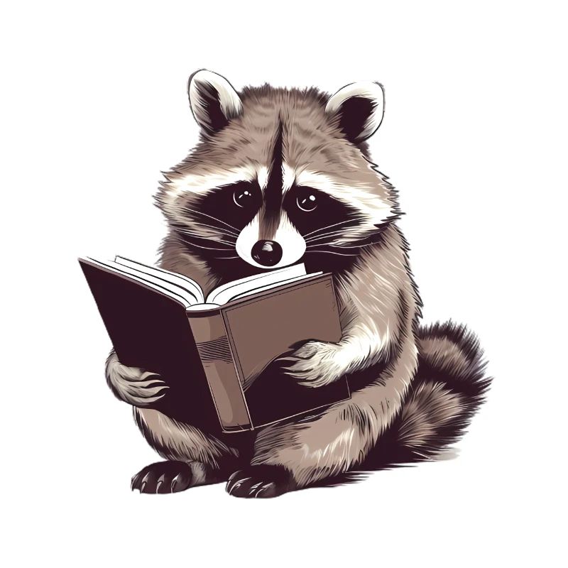 Reading raccoon with book