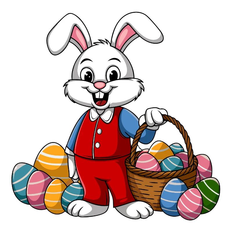 Funny Easter bunny with lots of colorful Easter eggs
