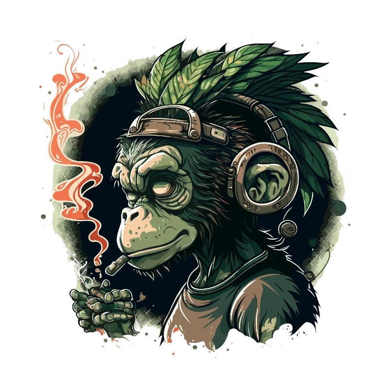 Gorilla mit Kopfhörern und Rauch
