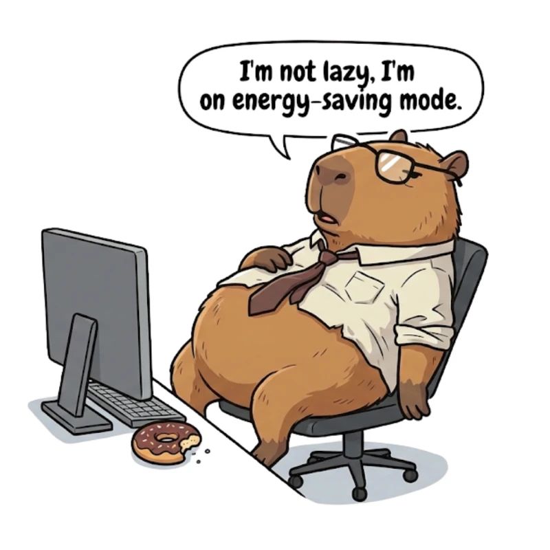 Energiesparender Capybara Biber am Arbeitsplatz