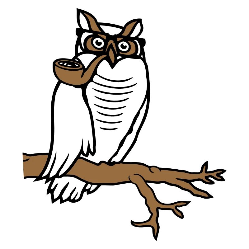 Eule Pfeife rauchen alter Opa Uhu Ast Baum Wald