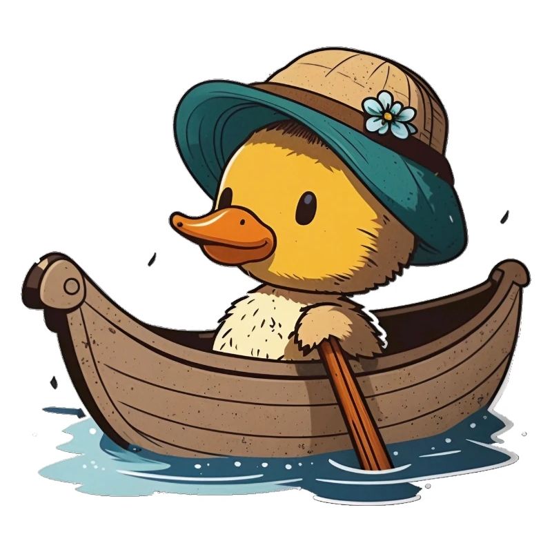 Canard mignon en bateau à rames avec chapeau d’été et fleur