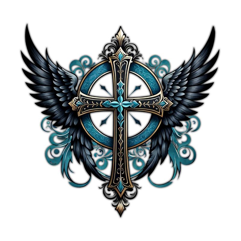 Cross adorned with wings.