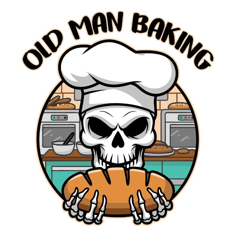 Funny Baker Skull with Bread. Old man bakes