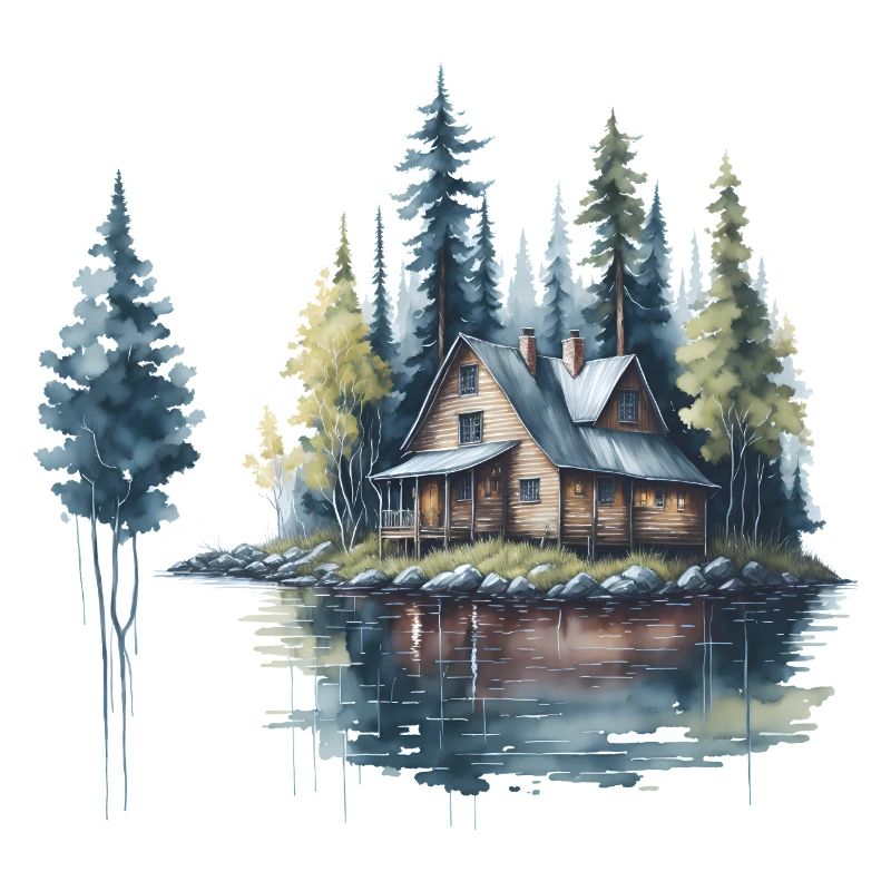 Cabane au lac Aquarelle