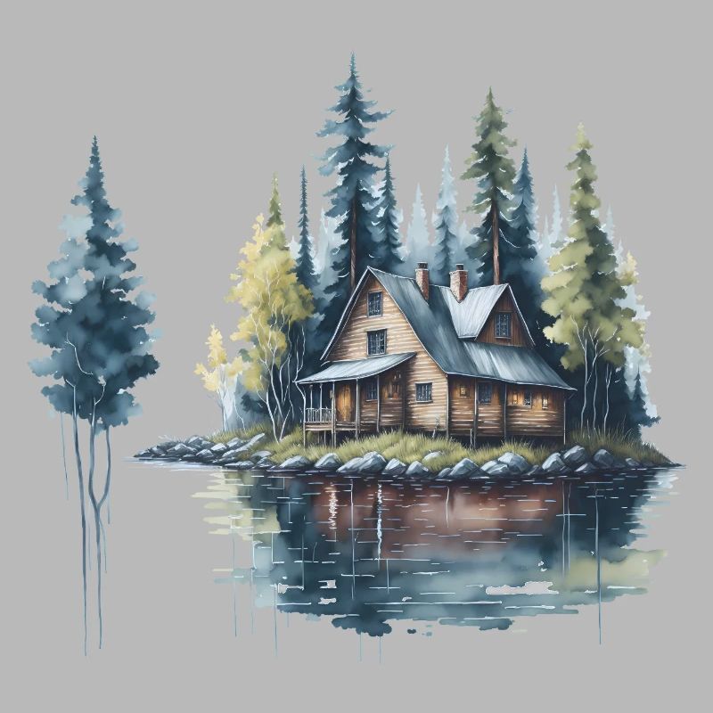Cabane au lac Aquarelle