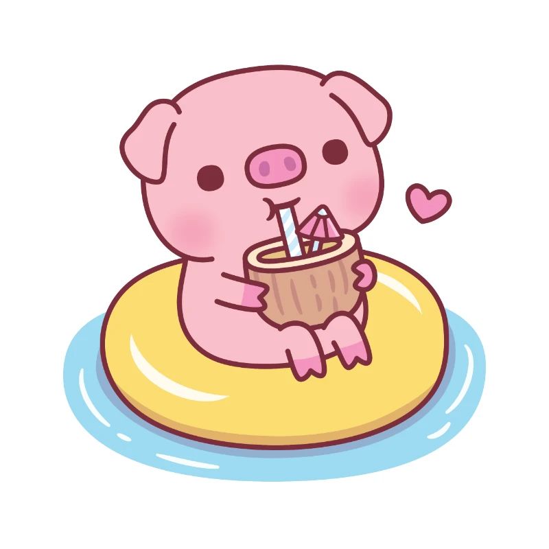 Cute Piggy In Pool Float Drinking Coconut Water