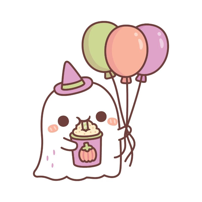 Geist mit Luftballons trinkt Pumpkin Spice Latte