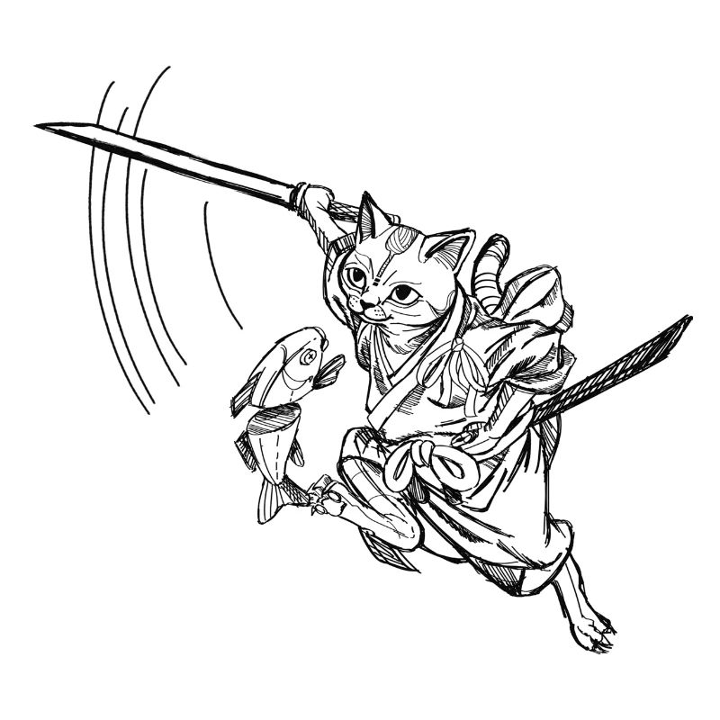 Chat samouraï mignon avec épée et poisson, vintage