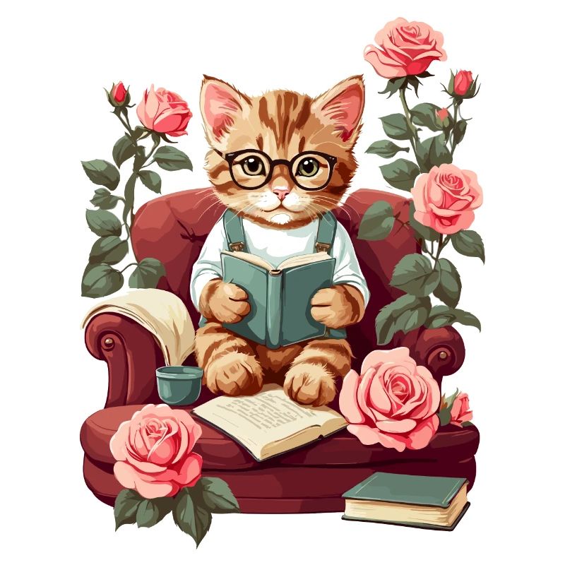 Cute Clever Cat with Reading Glasses