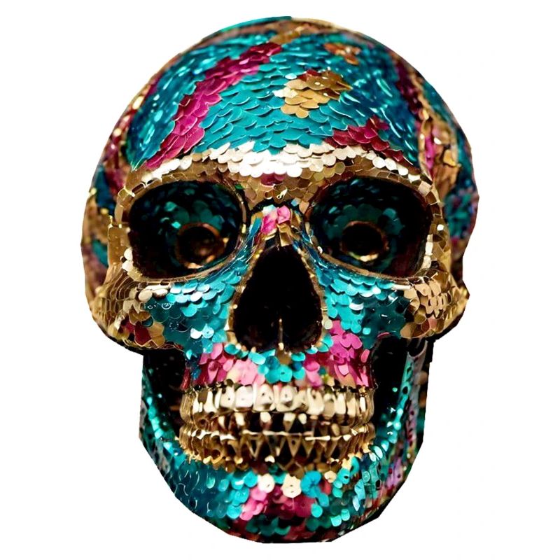 Skull, metallic, sequins, rivets, gold, silver