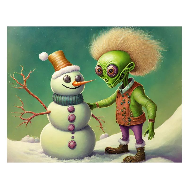 alien is building a snowman