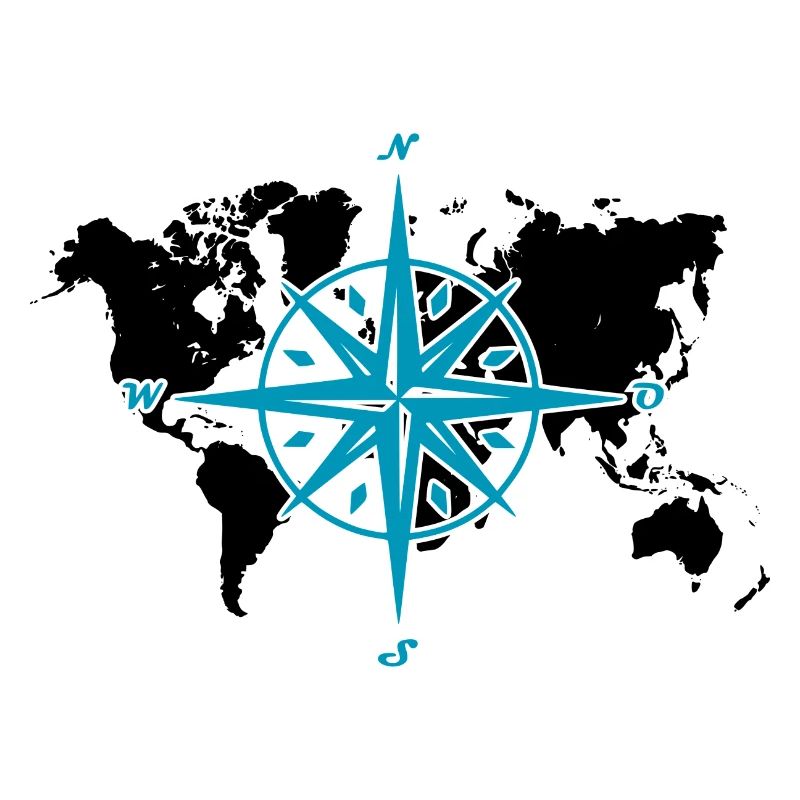 Windrose oder Kompassrose mit schwarzer Weltkarte