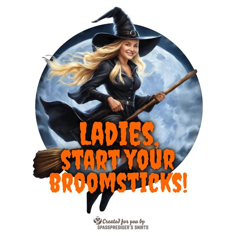 Sorcière d’Halloween disant mesdames, commencez vos balais