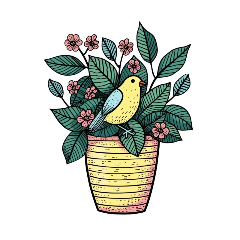 Oiseau dans Pot de Fleurs - Style Dessin