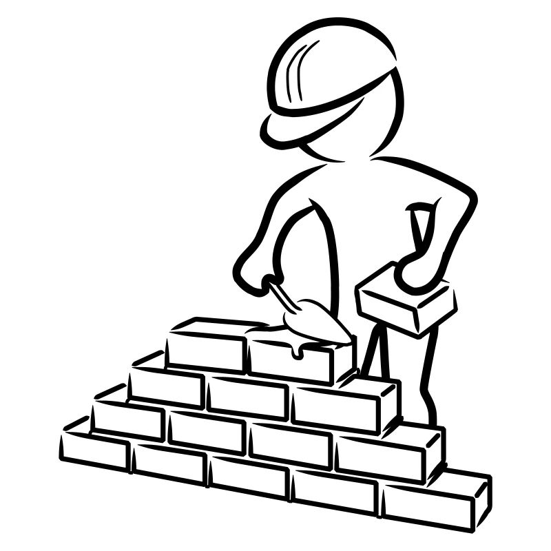 Bauarbeiter mit Maurerkelle, Mörtel und Mauer