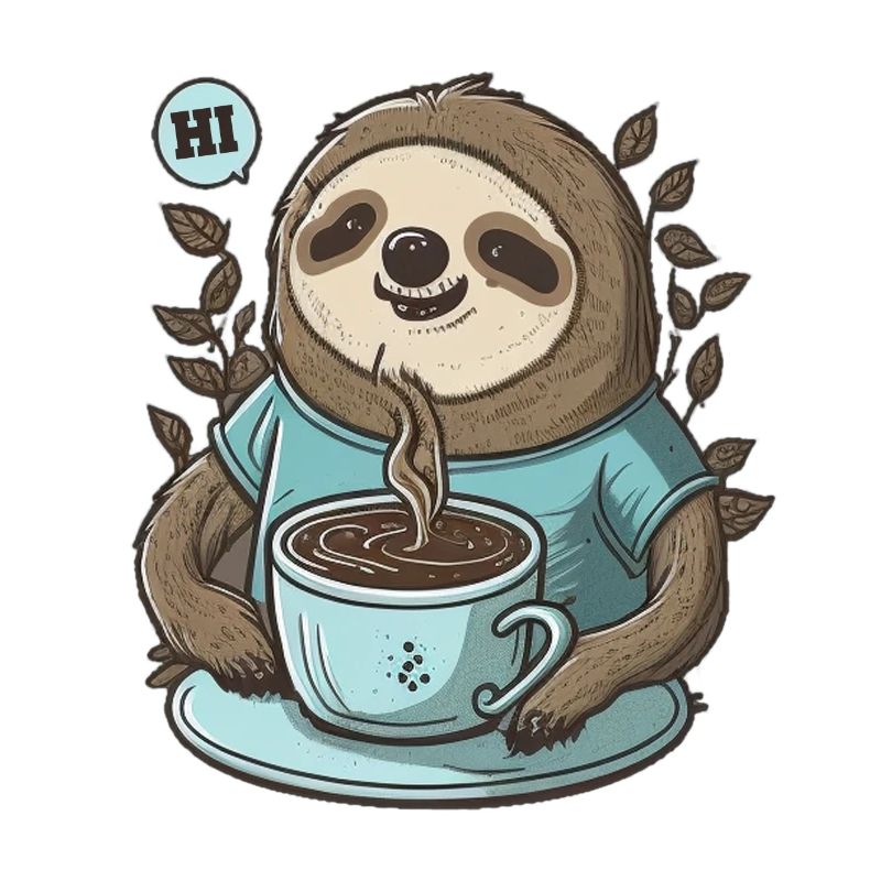 friendly sloth with fragrant coffee says HI