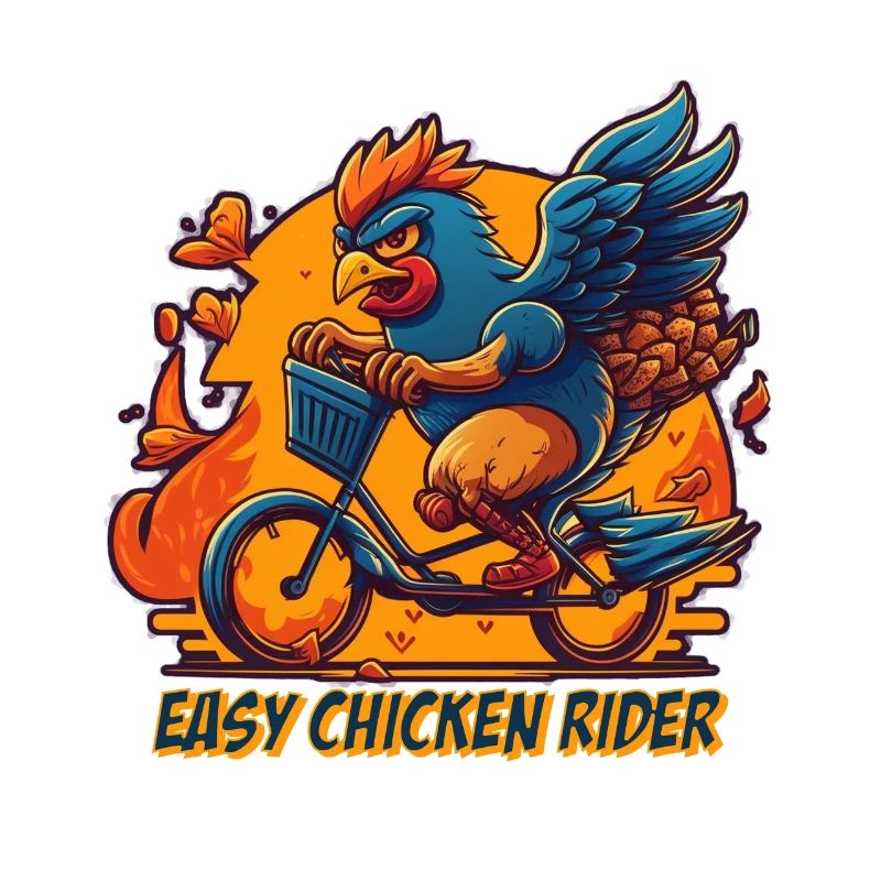 Chicken on bicycle with lettering