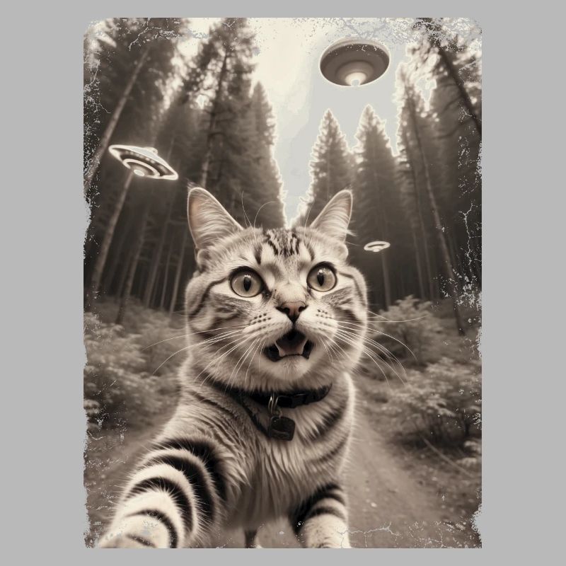 Selfie de chats avec la conception d’un vaisseau spatial extraterrestre