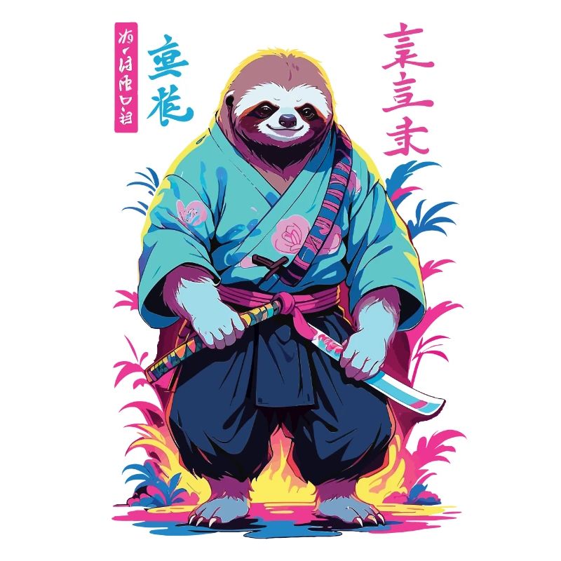 Samurai Sloth Aesthetic Vaporwave Style