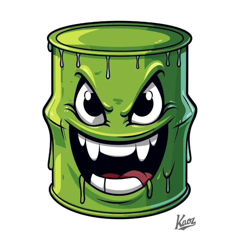 Green, evil, poisonous barrel with a face