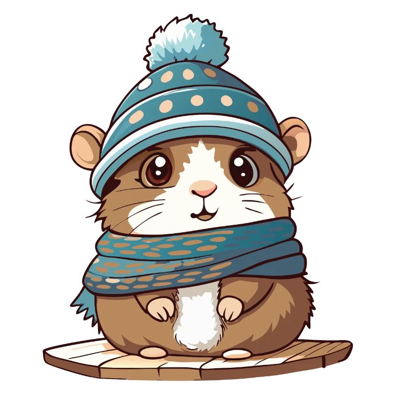 Mignon hamster avec écharpe et bonnet à pompon.