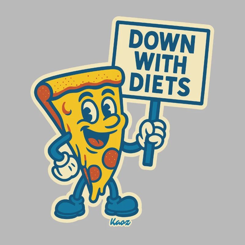 retro cartoon pizza protest: "Down with diets"