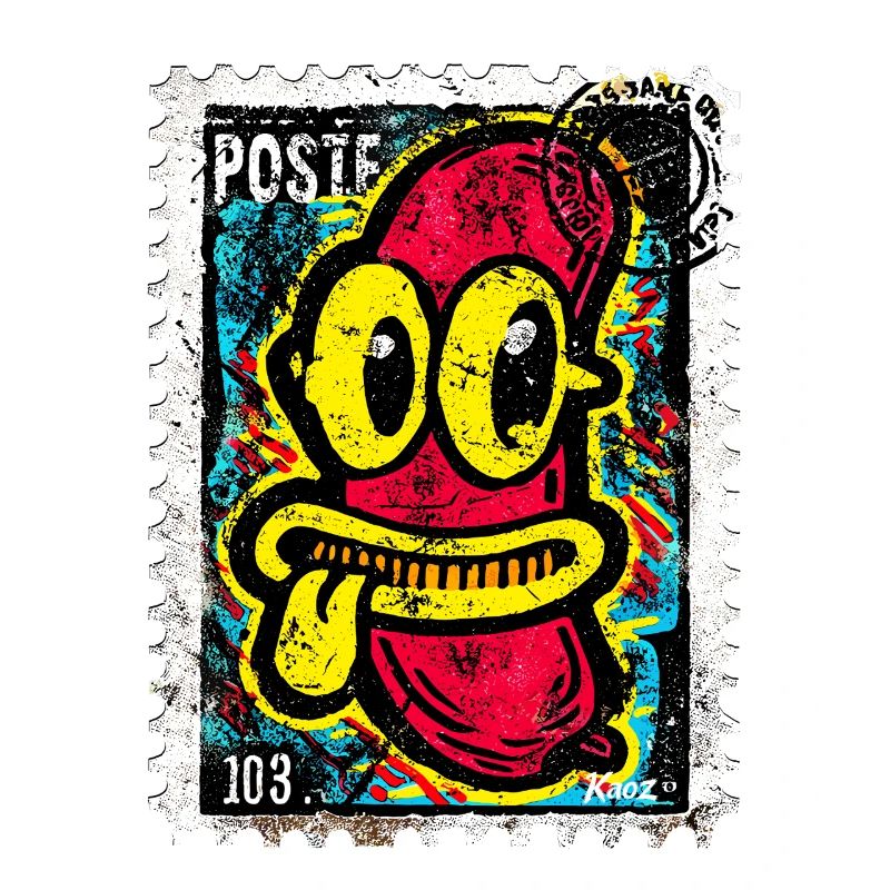 Freche Comic-Wurst mit Zunge auf Briefmarke