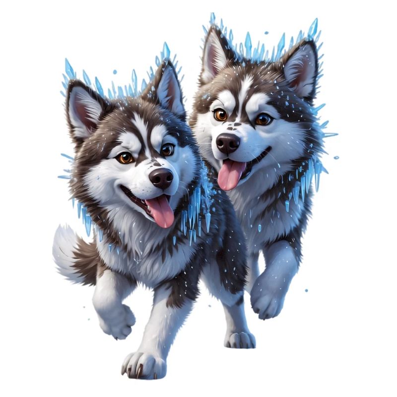 Two huskies with snow and icicles