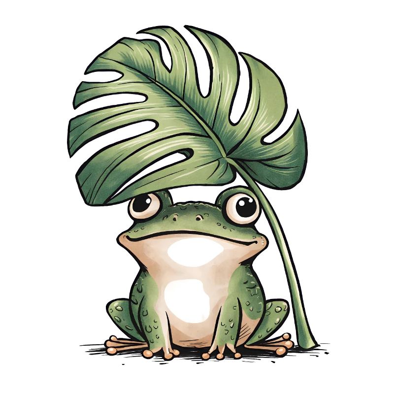 Cute frog under big monstera leaf