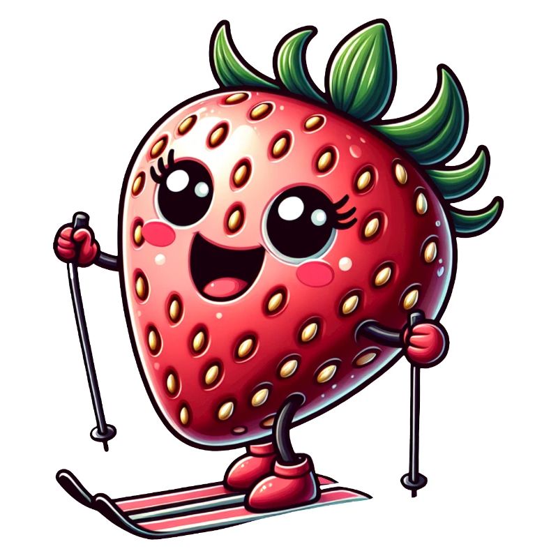 Funny strawberry while skiing in winter