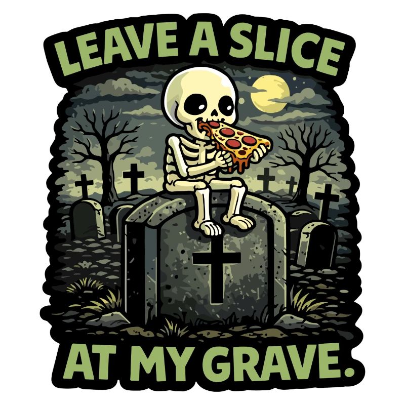 Squelette de pierre tombale mangeant une part de pizza sur la tombe