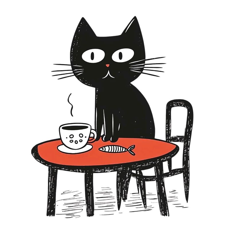 Naïve cat with coffee and fish at the table