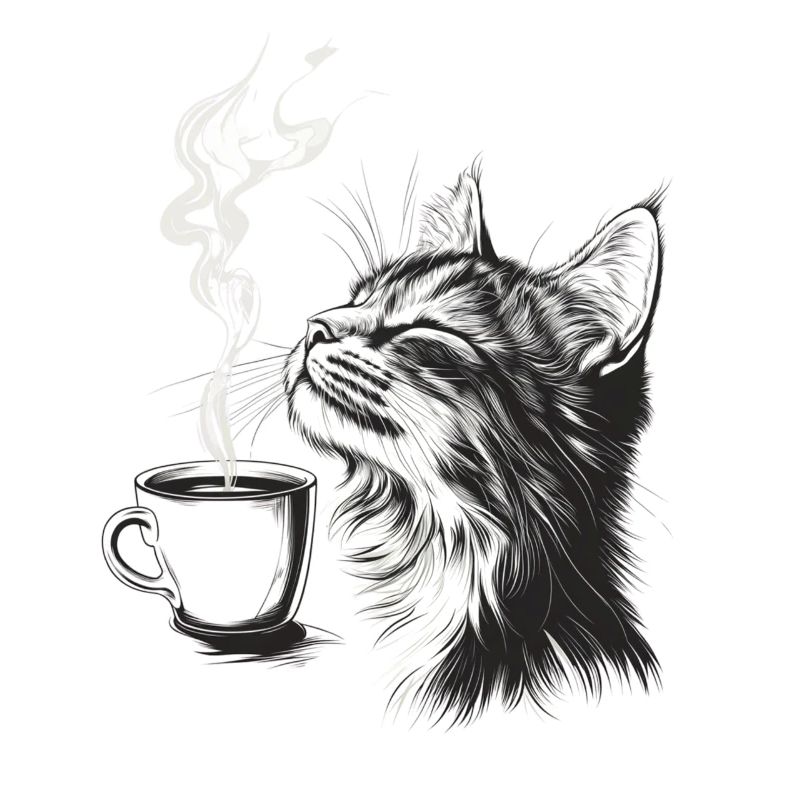 Relaxed Cat with Coffee - Sketch Style