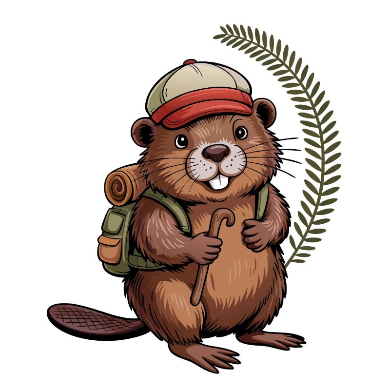 Funny beaver with hiking poles and backpack