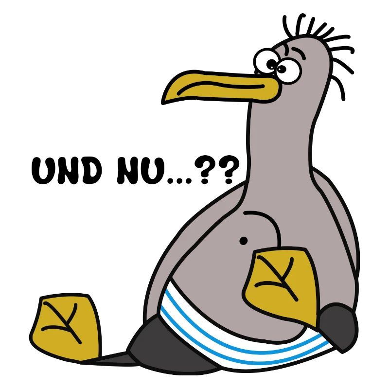 Eine Möwe die schielt und sitzt mit Spruch