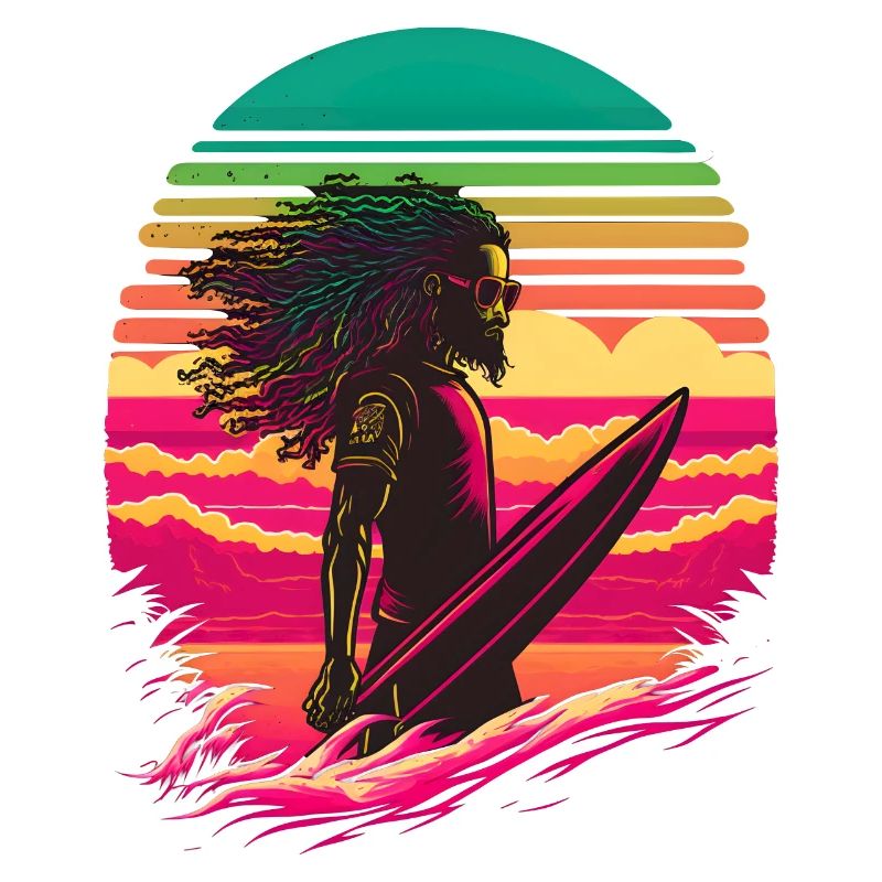 Synthwave Rasta Man surfing