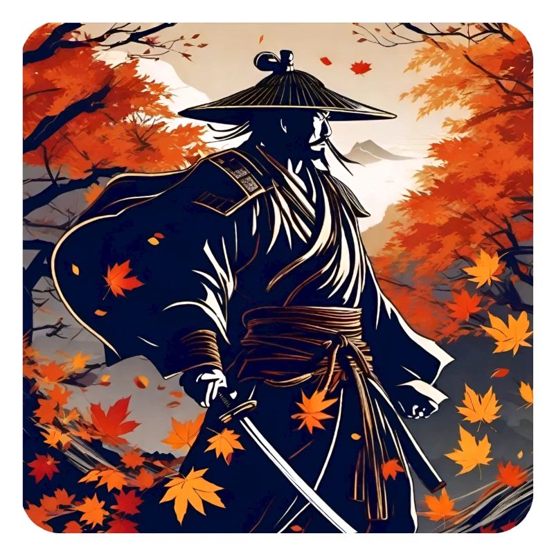 Stolzer Samurai Krieger mit Katana im Herbst