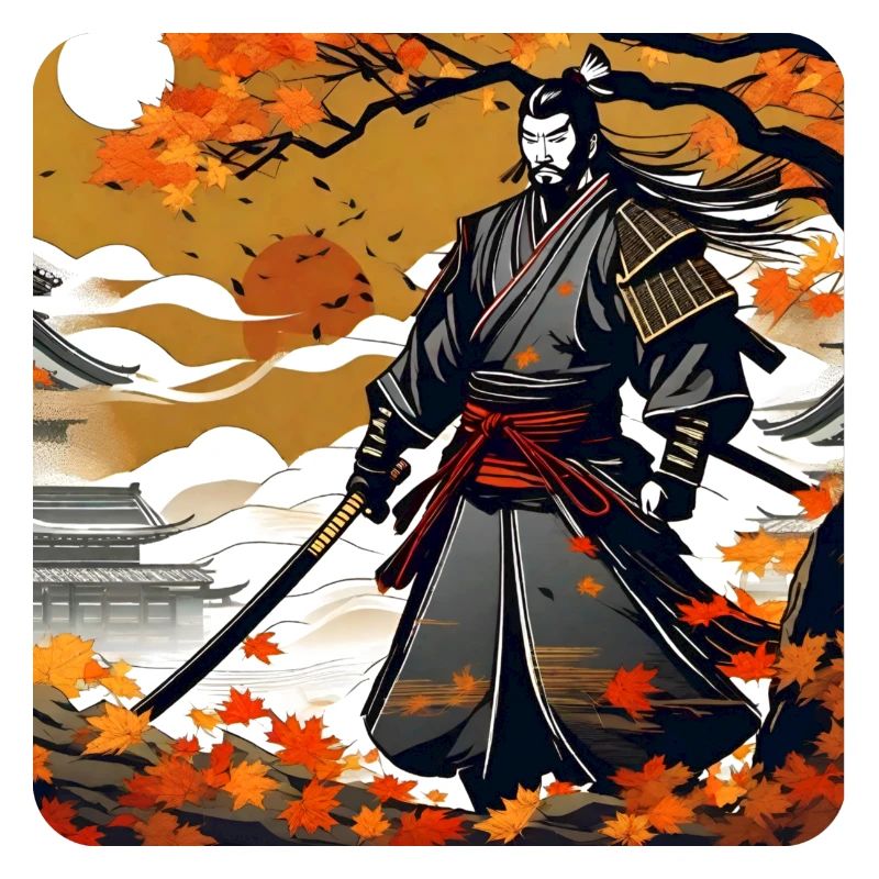 Stolzer Samurai Krieger mit Katana im Herbst