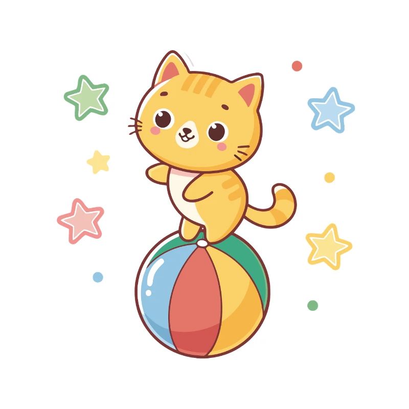 Cute kitten acrobat on a rainbow ball
