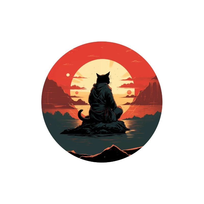Chat noir ninja devant le soleil rouge