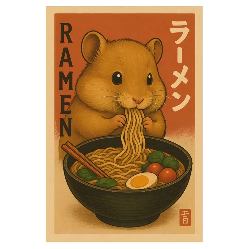Affiche mignonne de hamster mangeant des ramen