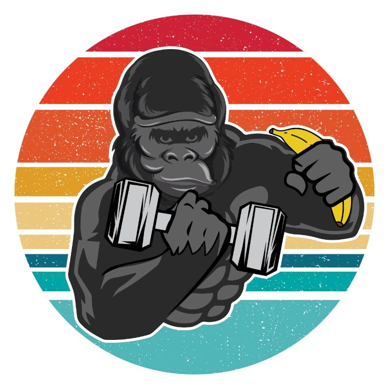 Gorilla mit Hantel und Banane - hartes Training