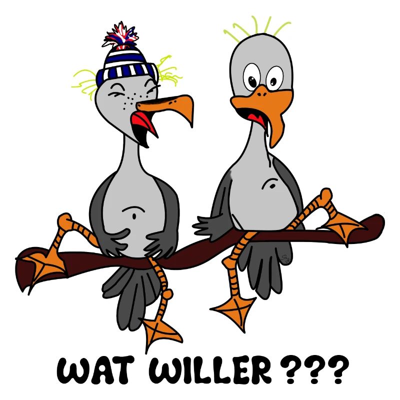 Zwei witzige Möwen mit Spruch : "Wat willer ?"